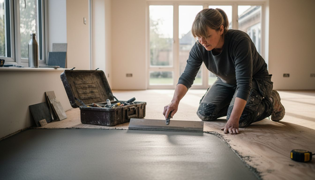 Installer spreading microcement in kitchen