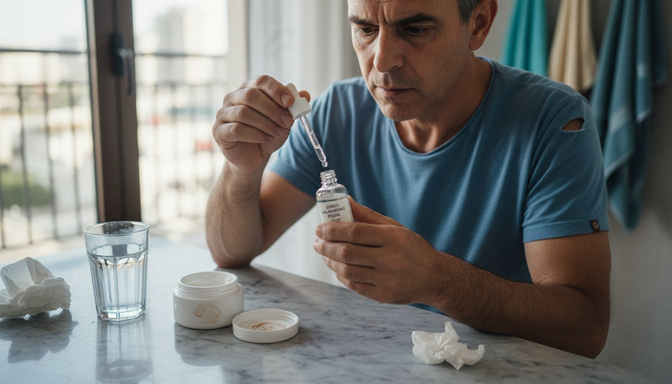 Uomo che applica acido ialuronico per mantenere la pelle idratata