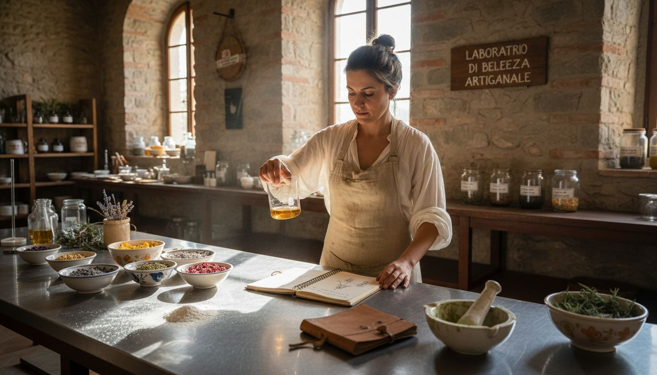 Un tecnico alle prese con la preparazione di composti a base di ingredienti naturali all’interno di un laboratorio.