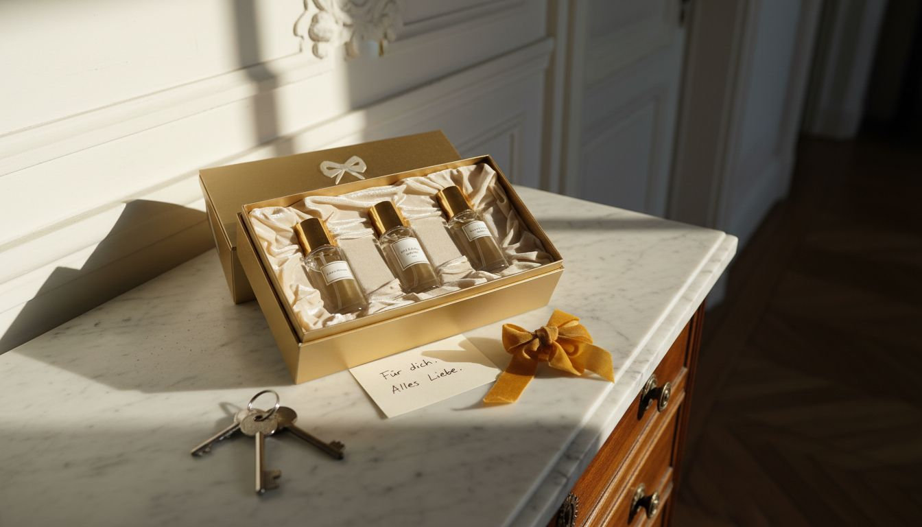 Close-up of an elegant gift set on a marble chest of drawers