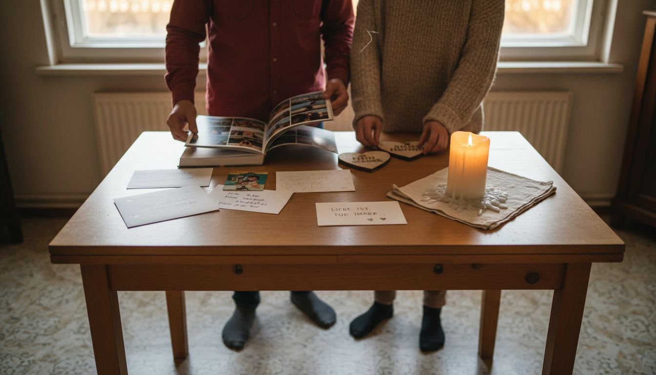 Lovingly selected gifts are laid out on the wooden table.