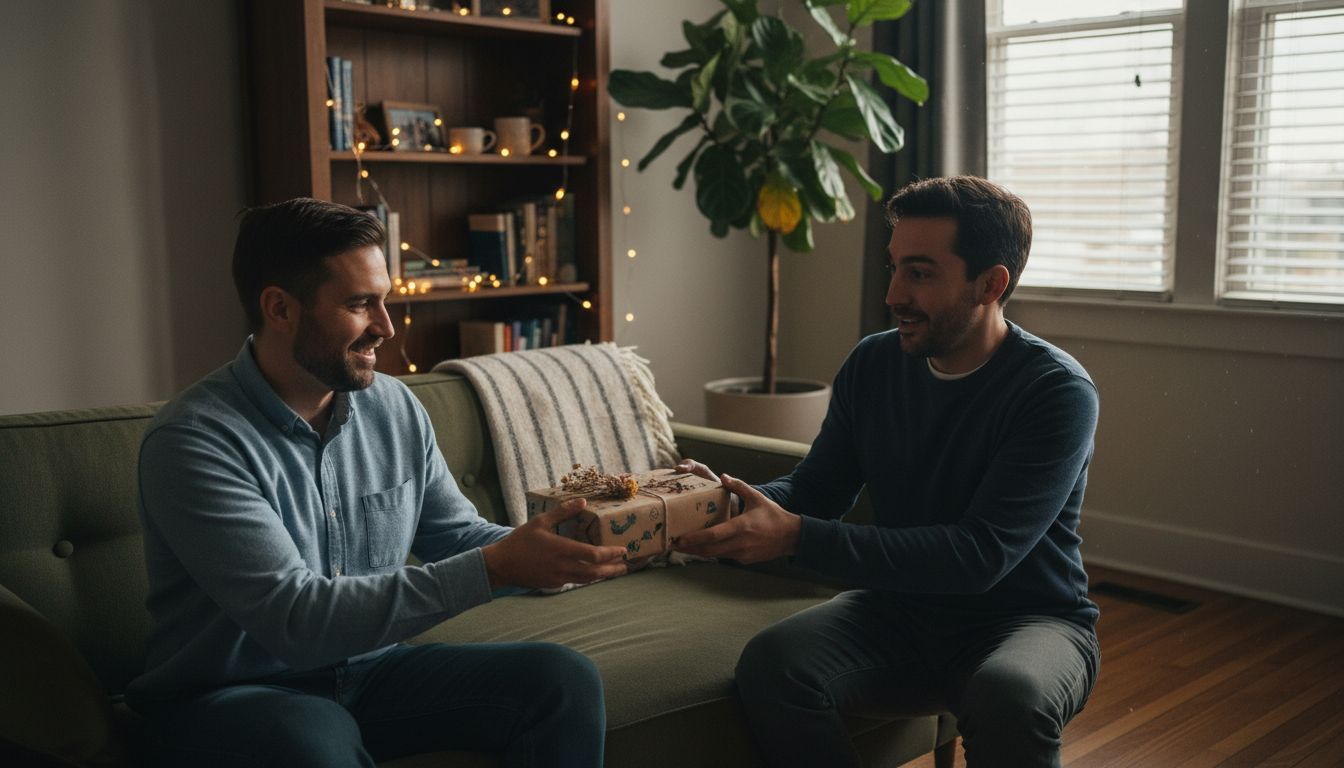 Man giving thoughtful gift in relaxed home setting