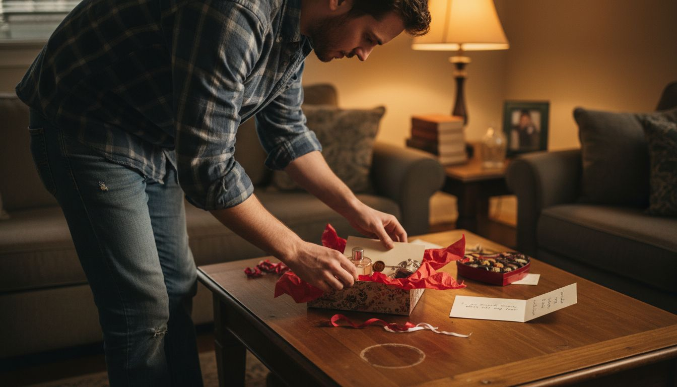 Man arranging romantic gifts in box