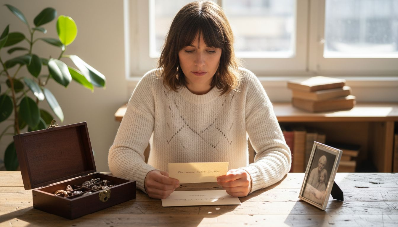 Eine Frau sitzt am Tisch und freut sich über individuell gestaltete Geschenke.