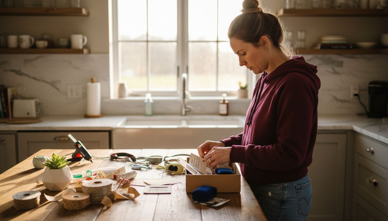 Woman assembling personalized romantic gift box