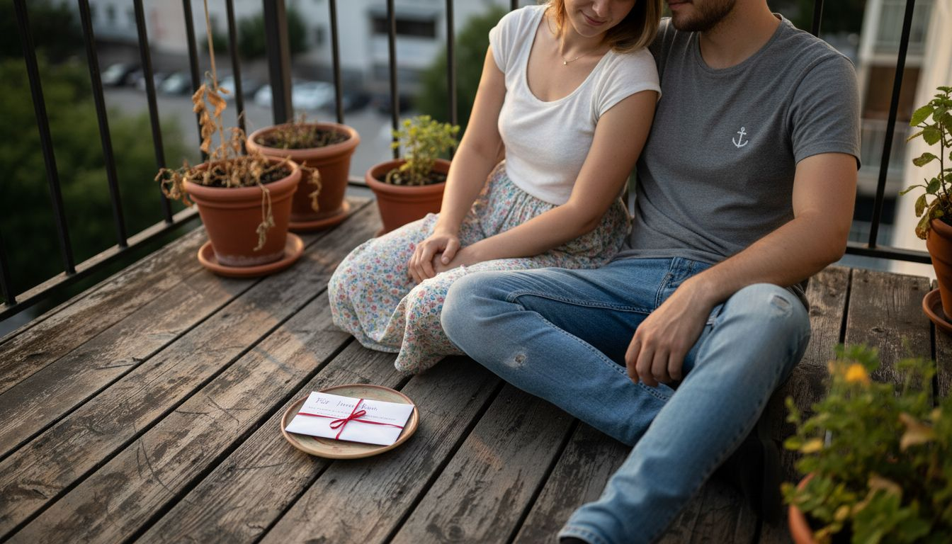 Ein junges Paar überreicht sich gegenseitig Geschenke auf dem Balkon.