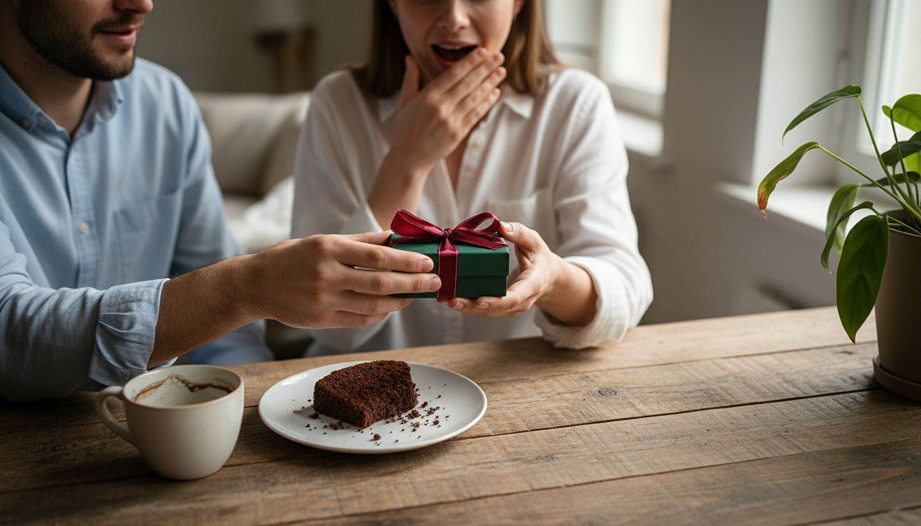 Ein Paar überreicht sich am Tisch ein Geschenk.