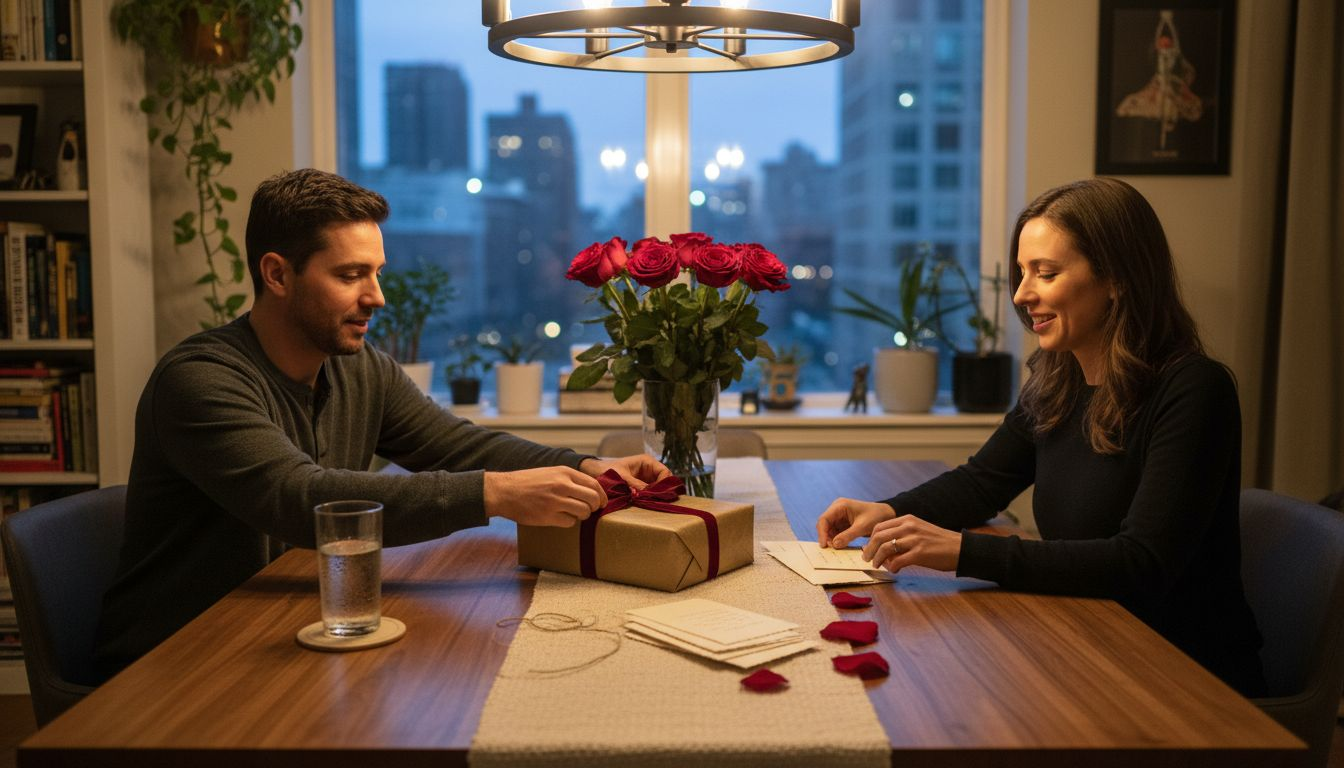 Couple setting elegant gift presentation