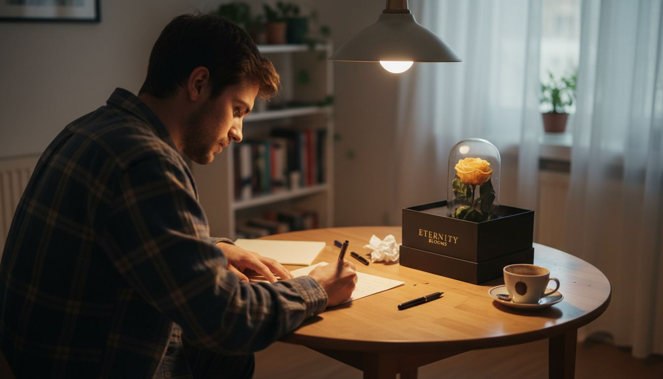 Un hombre escribe una nota con un regalo de rosa eterna.