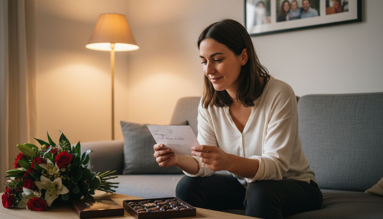 Una mujer se sienta cómodamente en el sofá y lee una cariñosa carta de San Valentín.