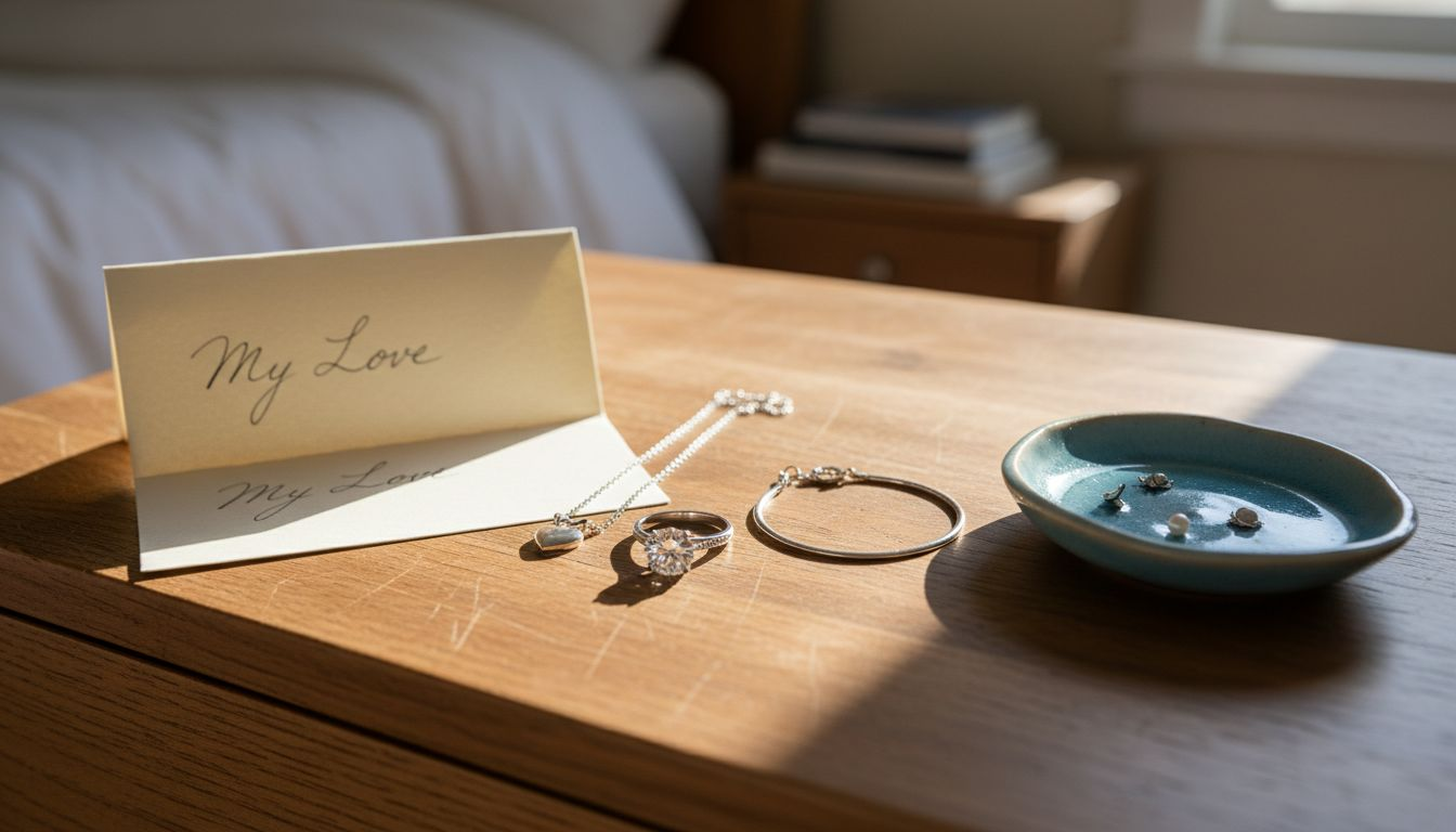 Varias joyas románticas en la cómoda del dormitorio.