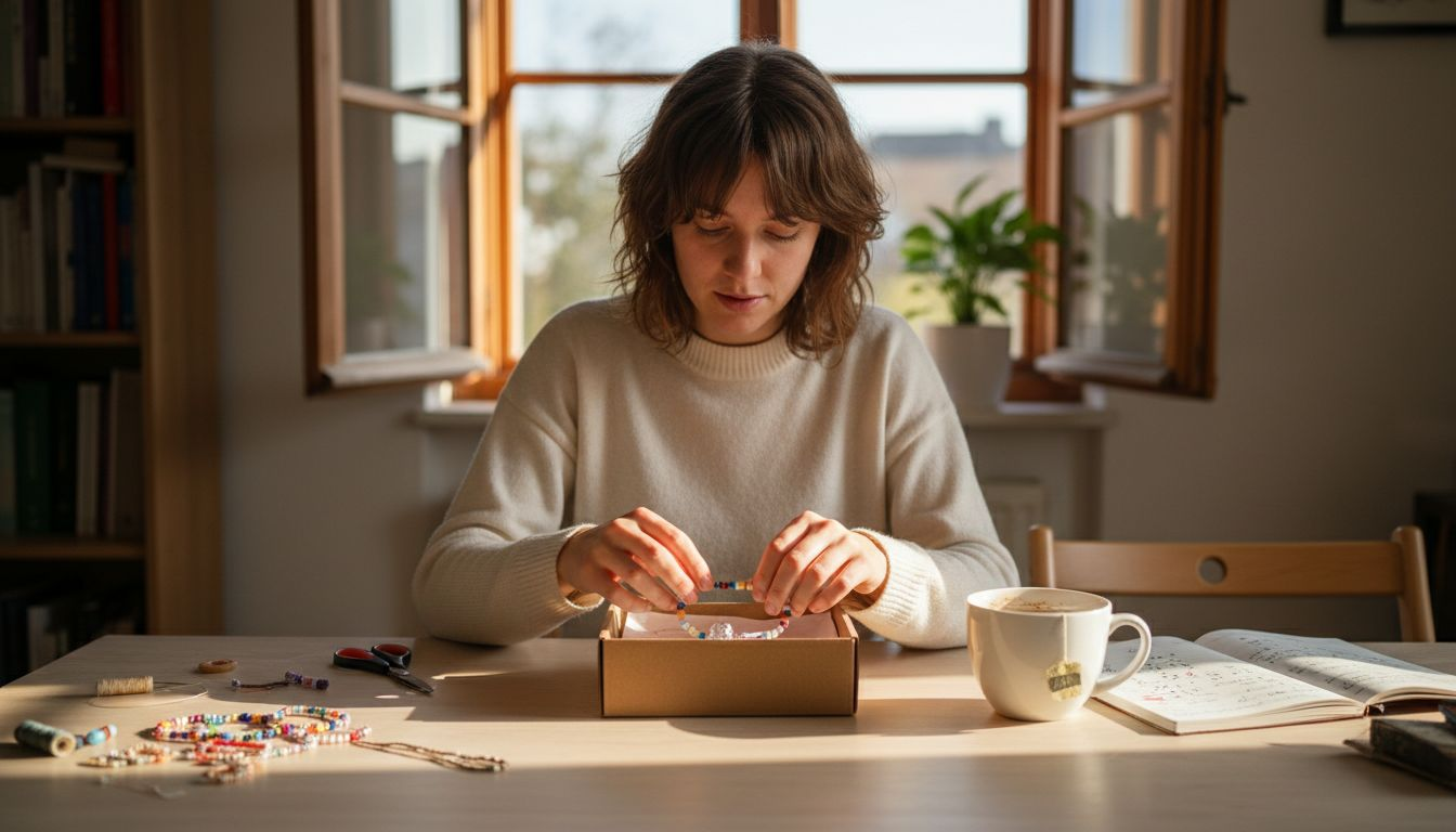 Una donna apre un regalo fatto a mano pieno d'amore.