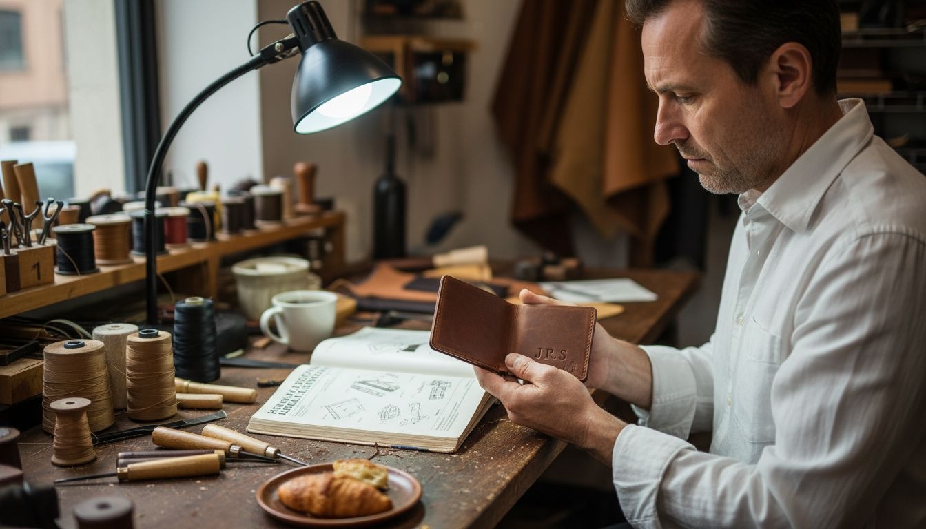 Hombre inspeccionando una billetera de lujo personalizada en un banco de trabajo