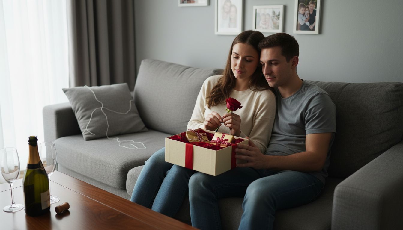 Et forelsket par sidder sammen i sofaen og beundrer en elegant roseæske.