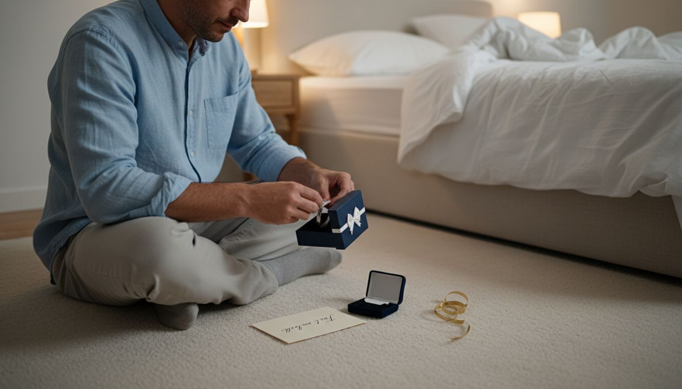 Muž pečlivě ukládá šperky do dárkové krabičky.