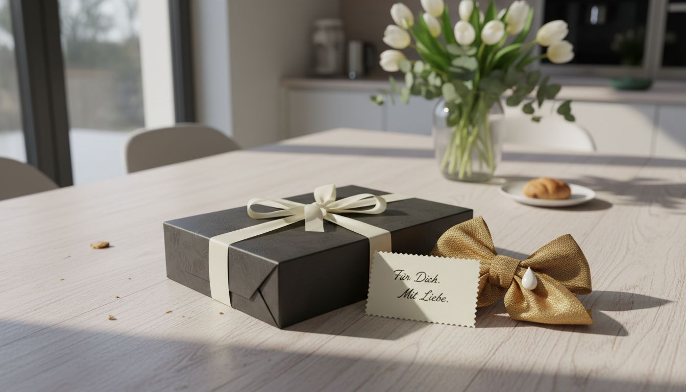 Primer plano de una caja de regalo con una cinta sobre una mesa de madera.