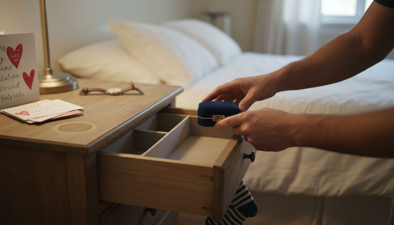 Man placing velvet jewelry box in drawer