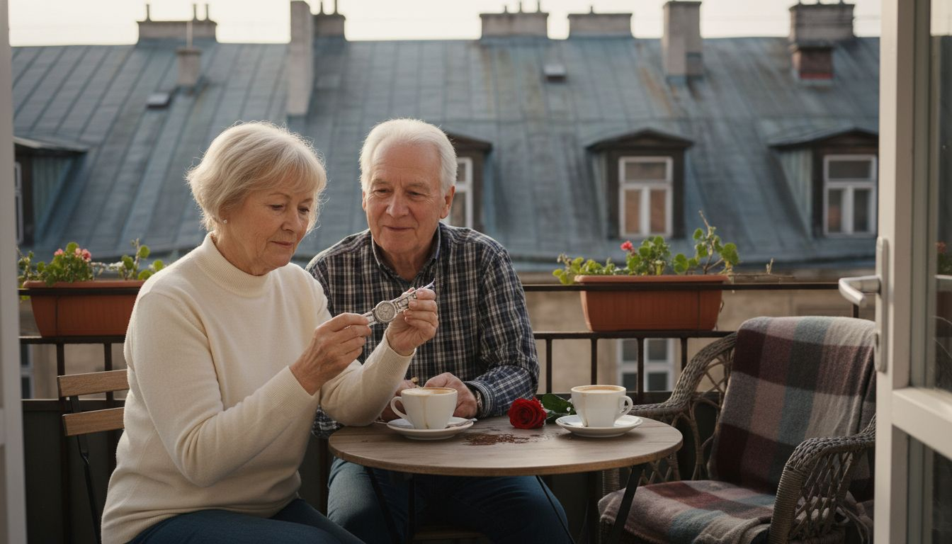 An elderly couple enjoys an exclusive gift together on their balcony.