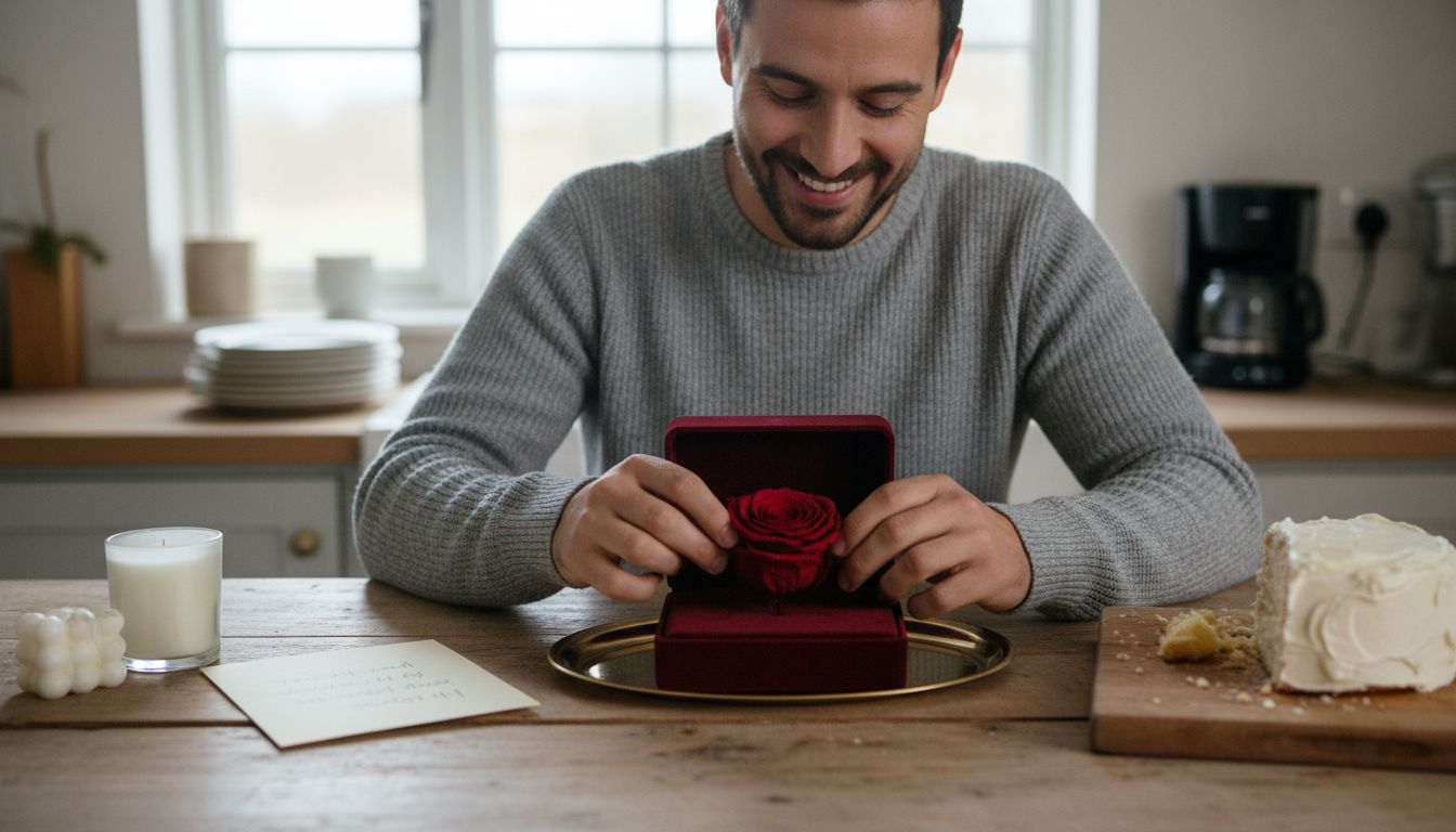 Unboxing eternal rose gift at kitchen island