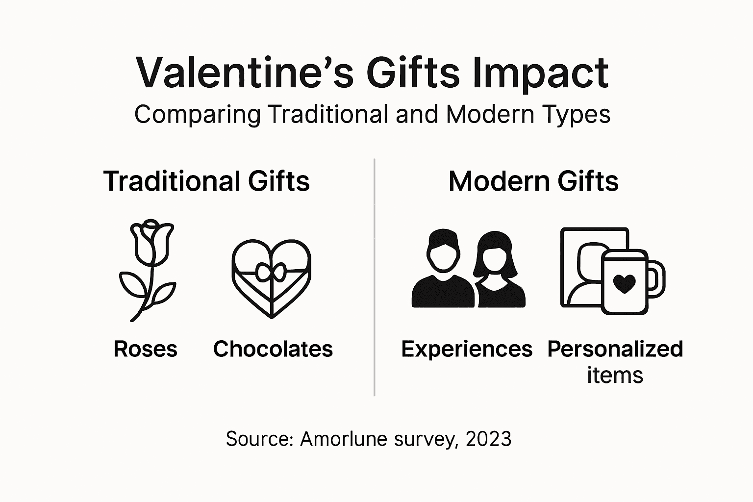 Infographic die traditionele versus moderne Valentijnscadeaus toont