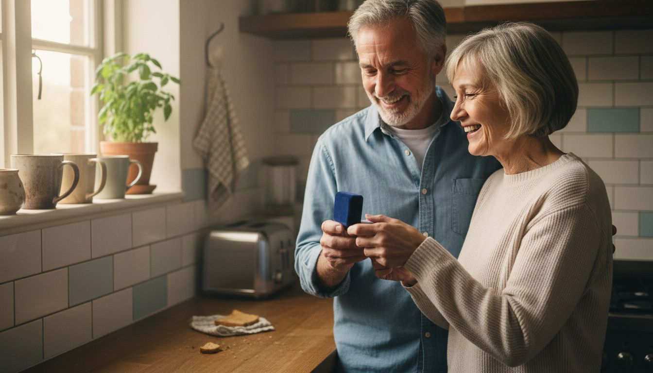 Coppia anziana che condivide un regalo significativo per la cucina
