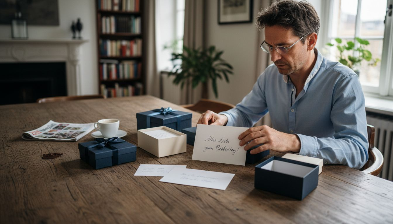 Un homme choisit un cadeau de qualité et sélectionne une carte appropriée.