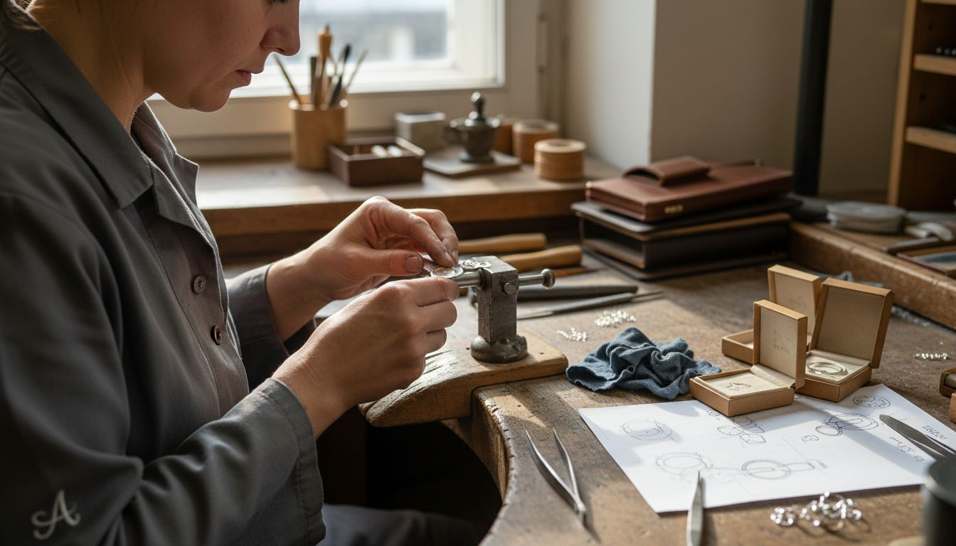 Una orafa lavora alla sua panca e crea un gioiello unico.