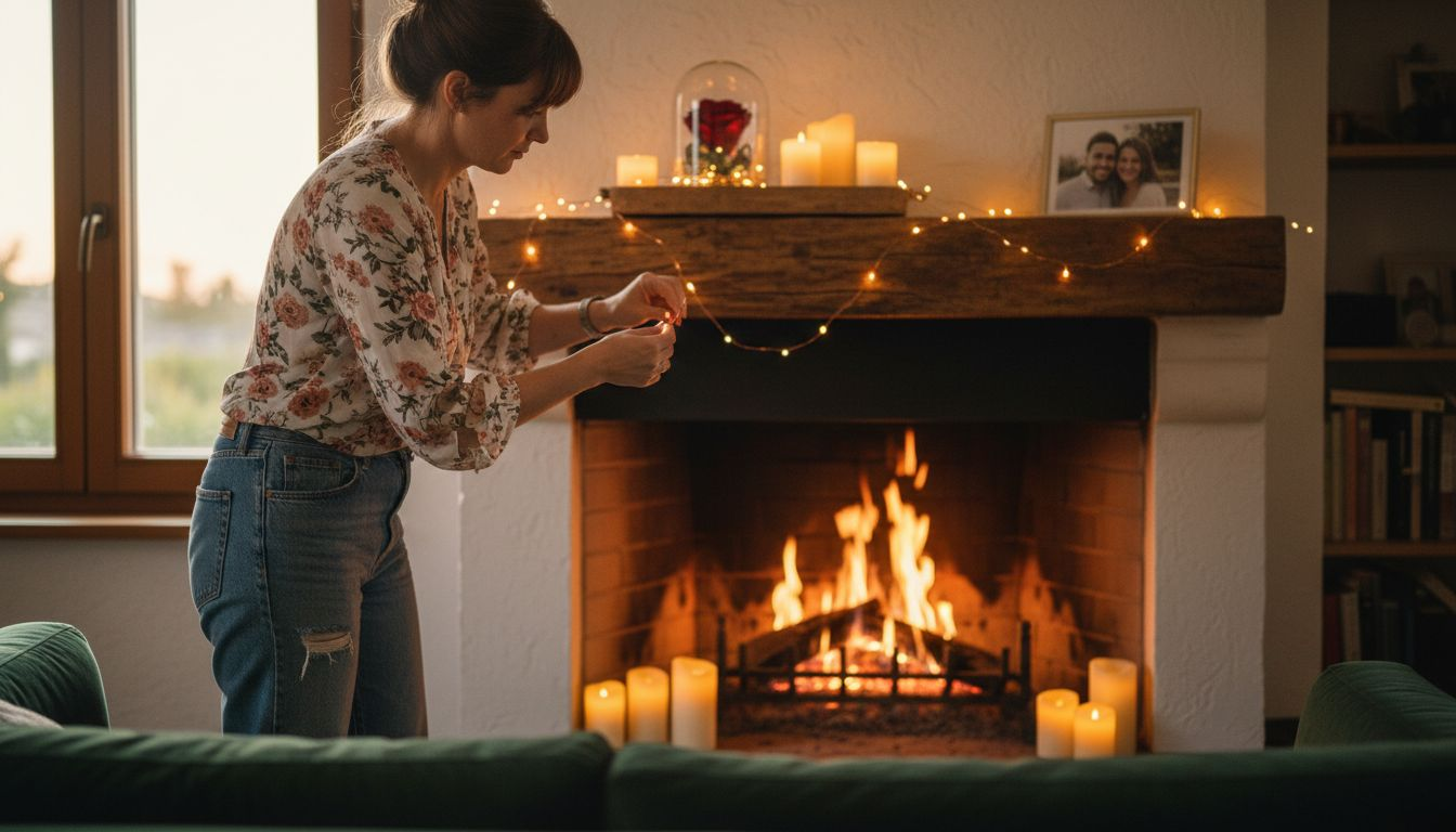 Donna che sistema l’illuminazione romantica con rosa eterna