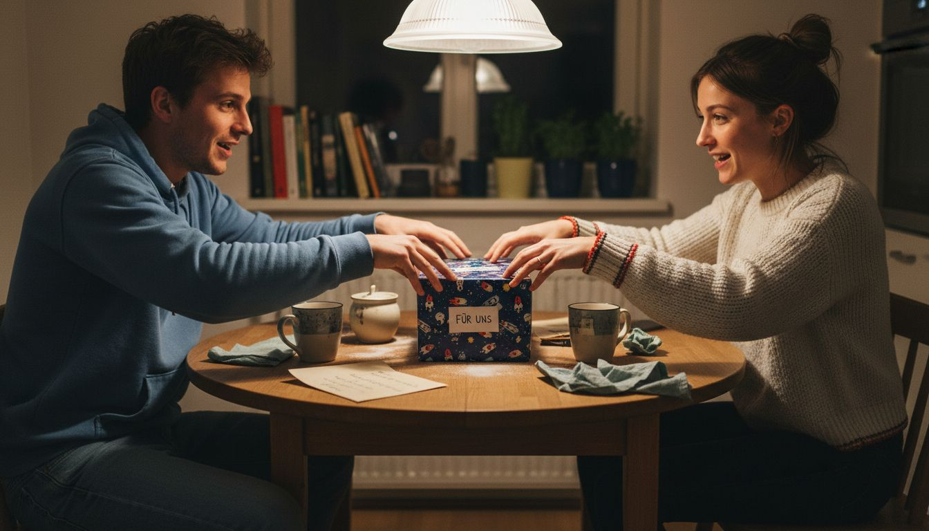 Et par hygger sig derhjemme og åbner sammen en kærligt indpakket gaveæske.