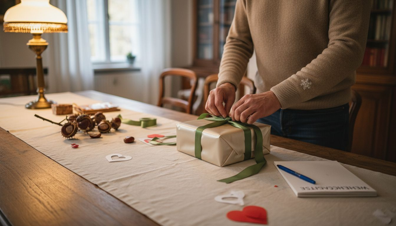 Een man versiert een cadeau liefdevol voor een speciale gelegenheid.
