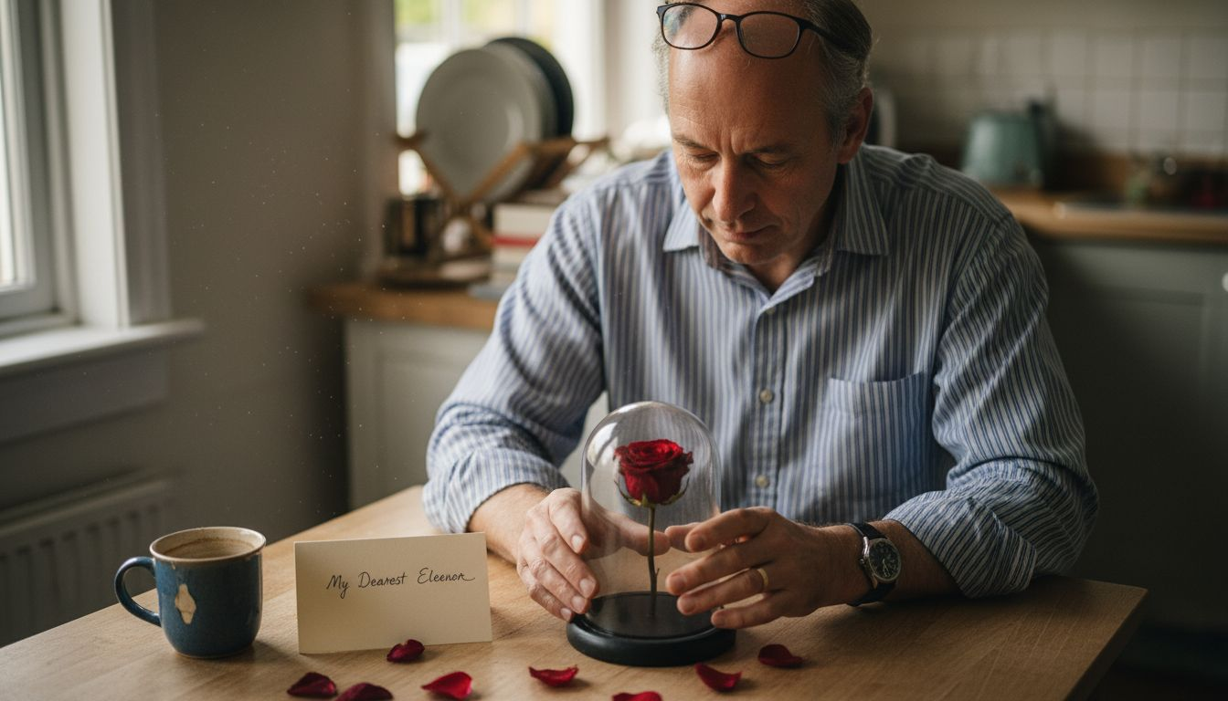 Man plaatst een bewaarde roos in een glazen koepel