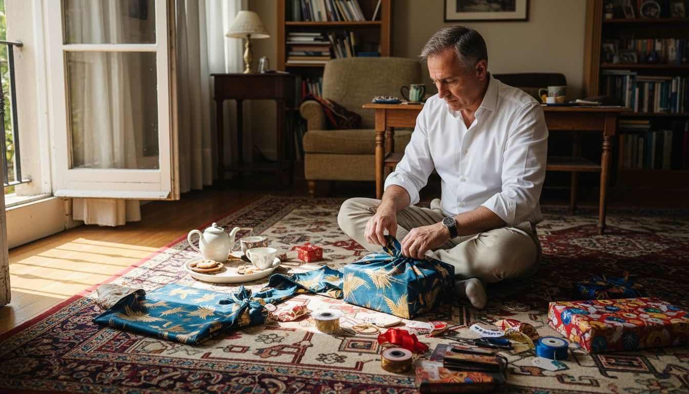 Man die cadeaus inwikkelt met culturele materialen