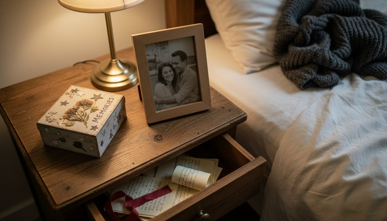Herinneringsdoos en koppel foto op nachtkastje