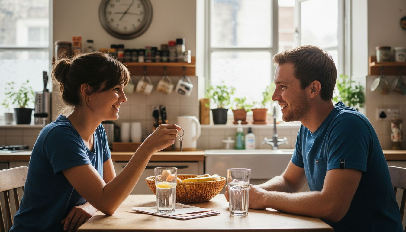 En kvinde overrasker sin partner med en nøglering som gave.
