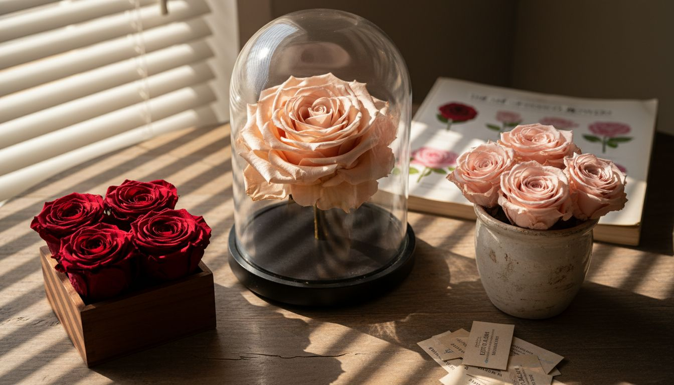 Bordoversigt over forskellige typer konserverede roser