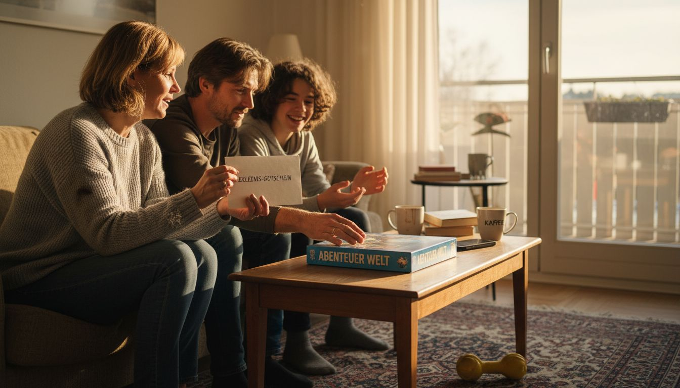 Een familie zit gezellig samen in de woonkamer en verrast elkaar met bijzondere belevingcadeaus.