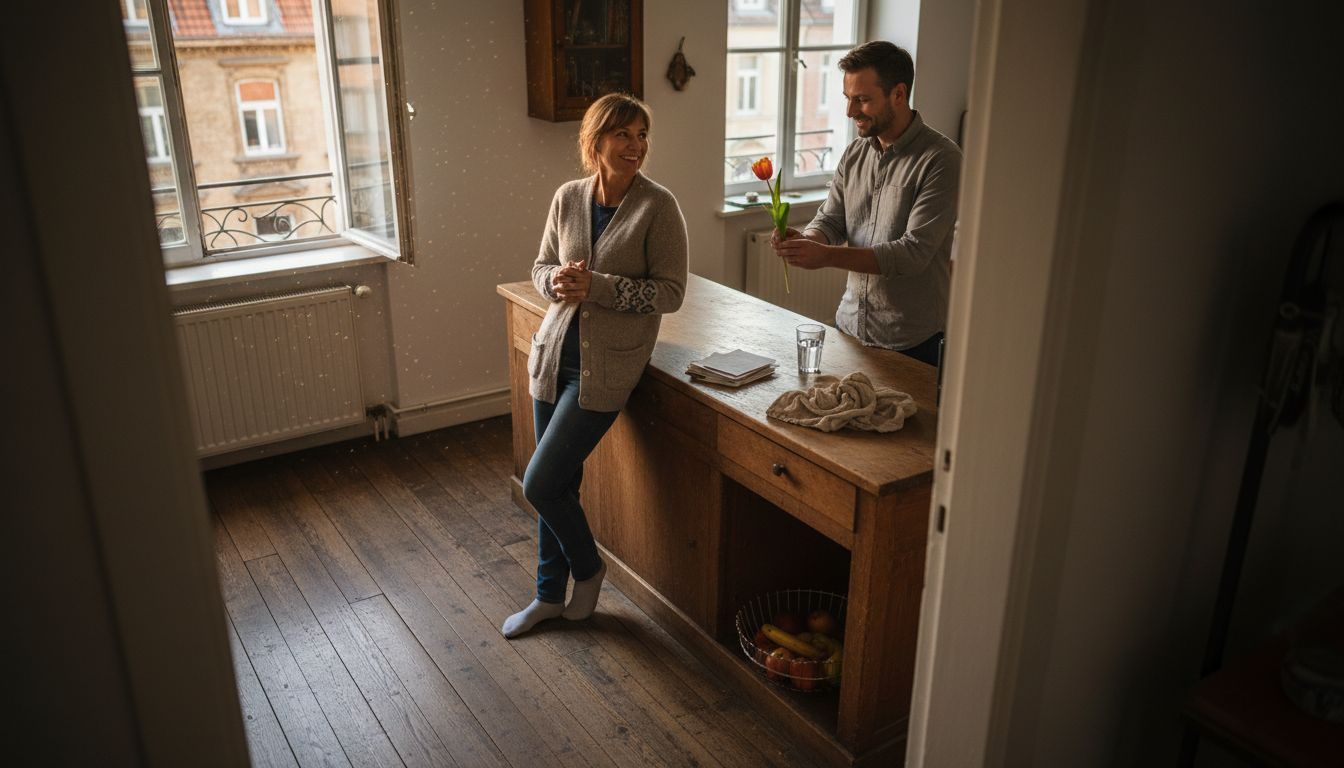 Midden in de gewone keukendrukte verrast de partner met een klein bloemetje – zomaar, om het dagelijks leven een beetje mooier te maken.
