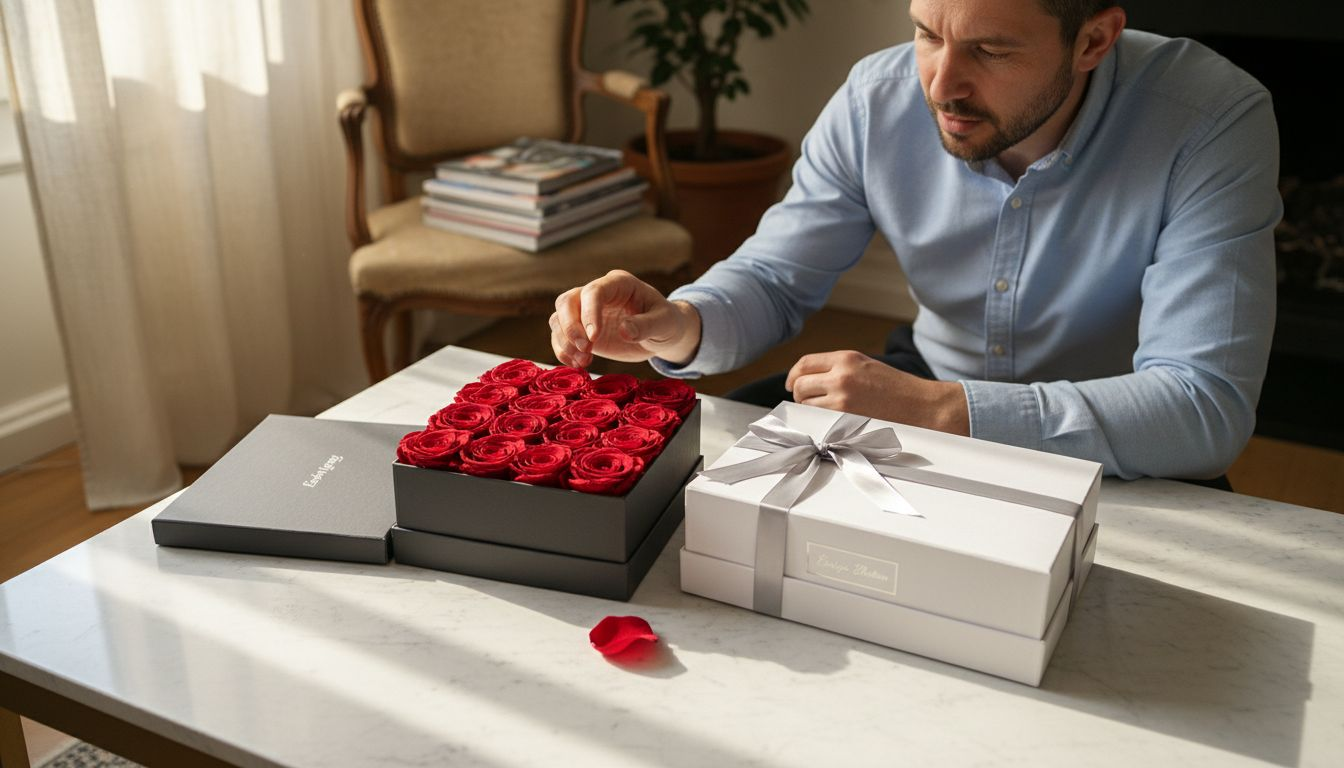 Ein Mann vergleicht verschiedene Geschenkschachteln mit konservierten Rosen.