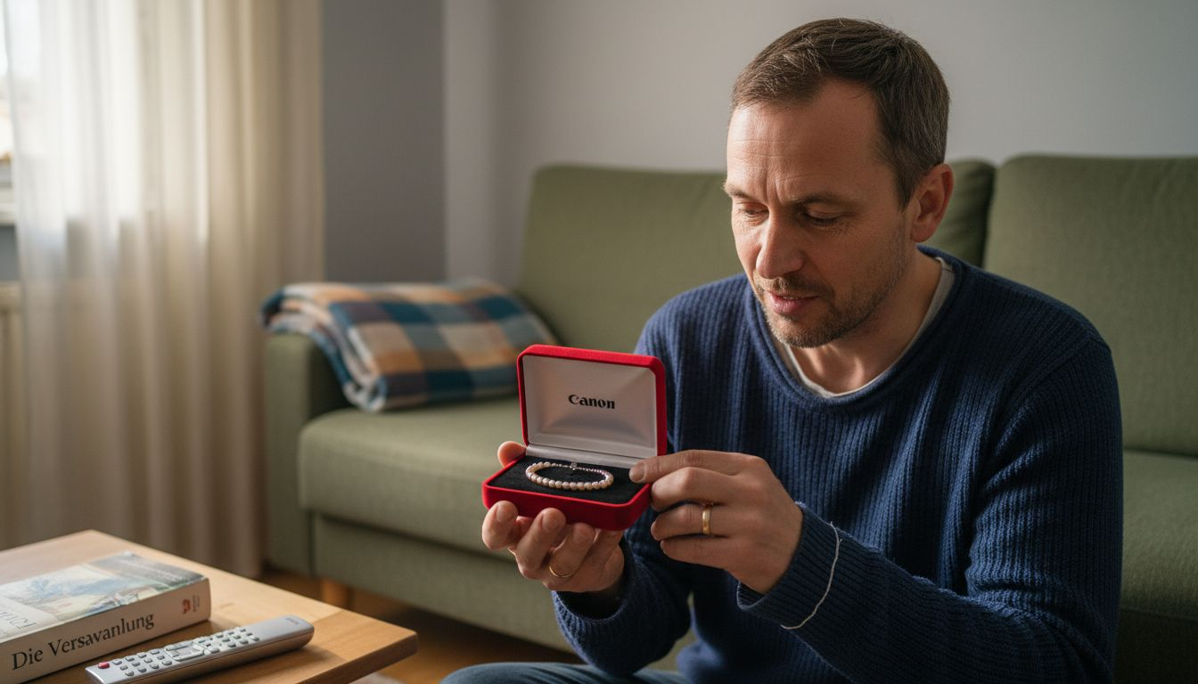 Een man opent een sieradendoosje en ontdekt daarin een armband.