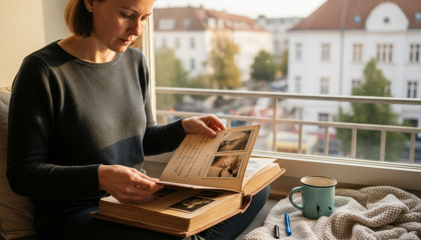 En kvinde bladrer gennem et mindealbum og nyder fælles øjeblikke.
