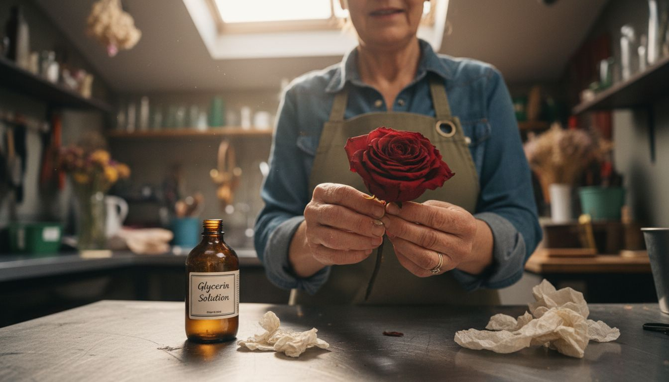 Florist inspects glycerin preserved rose