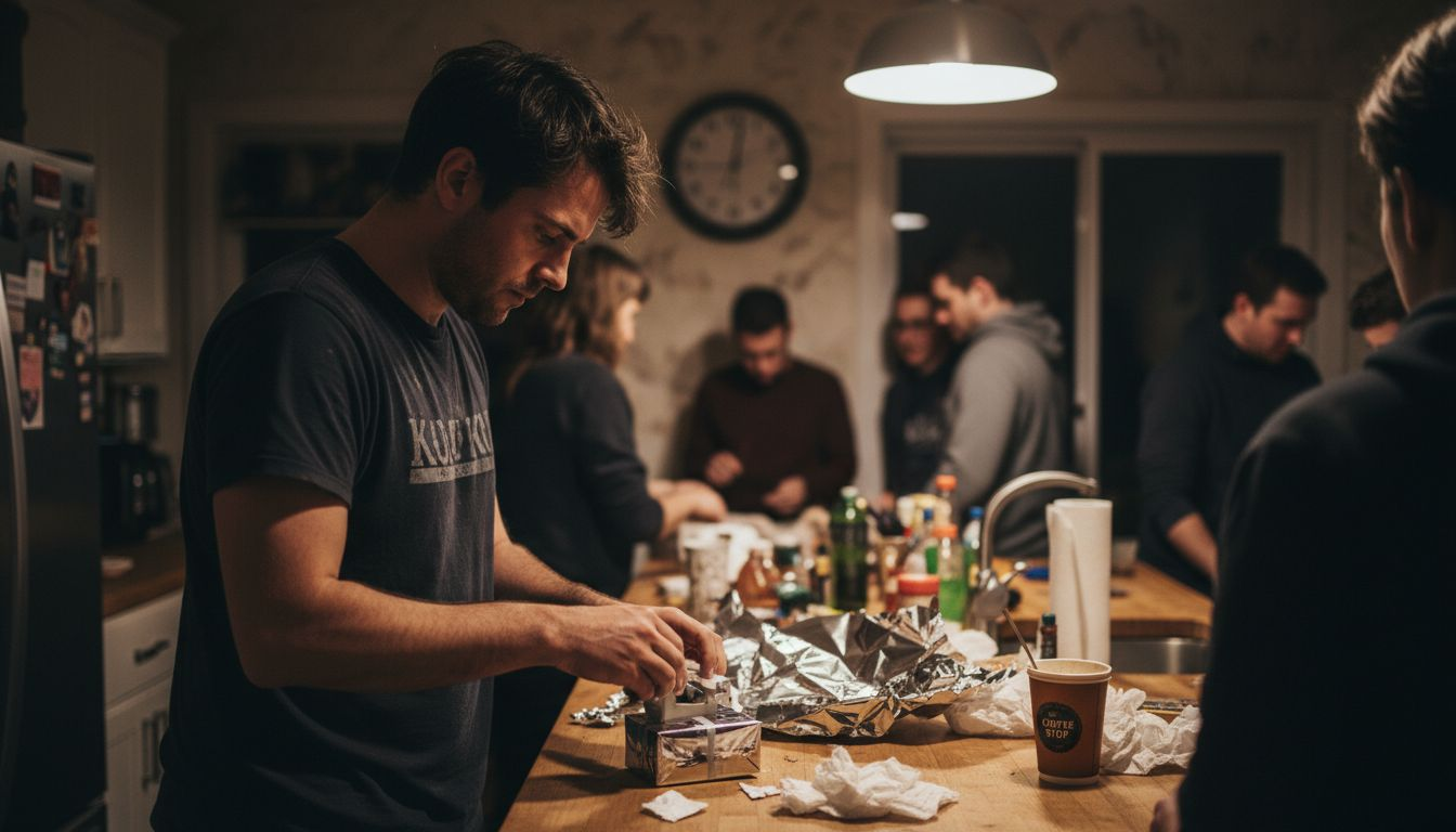 Man wrapping last-minute birthday gift in kitchen