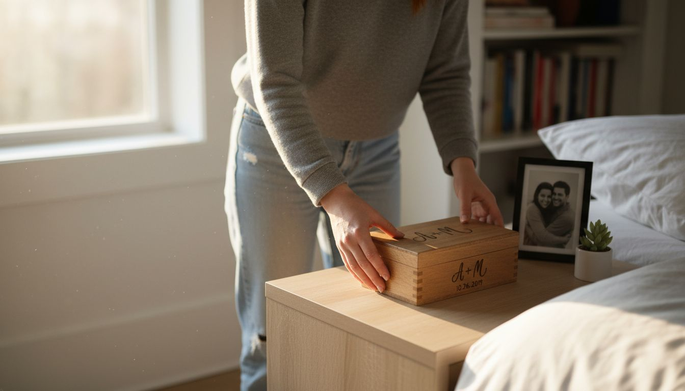 Woman placing engraved keepsake box