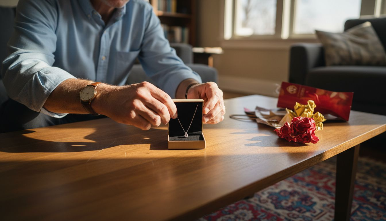 A man lovingly wraps silver jewelry as a gift.