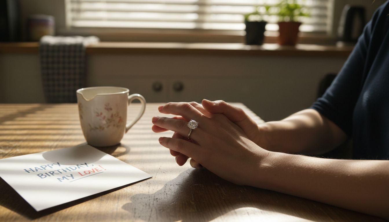 Hands exchanging engagement ring at kitchen table