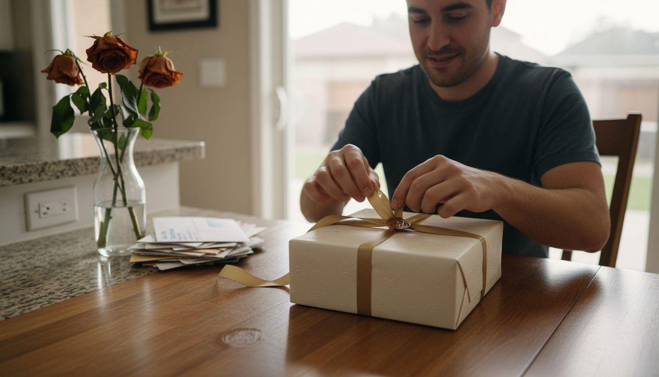 Man unwrapping anniversary present at kitchen table