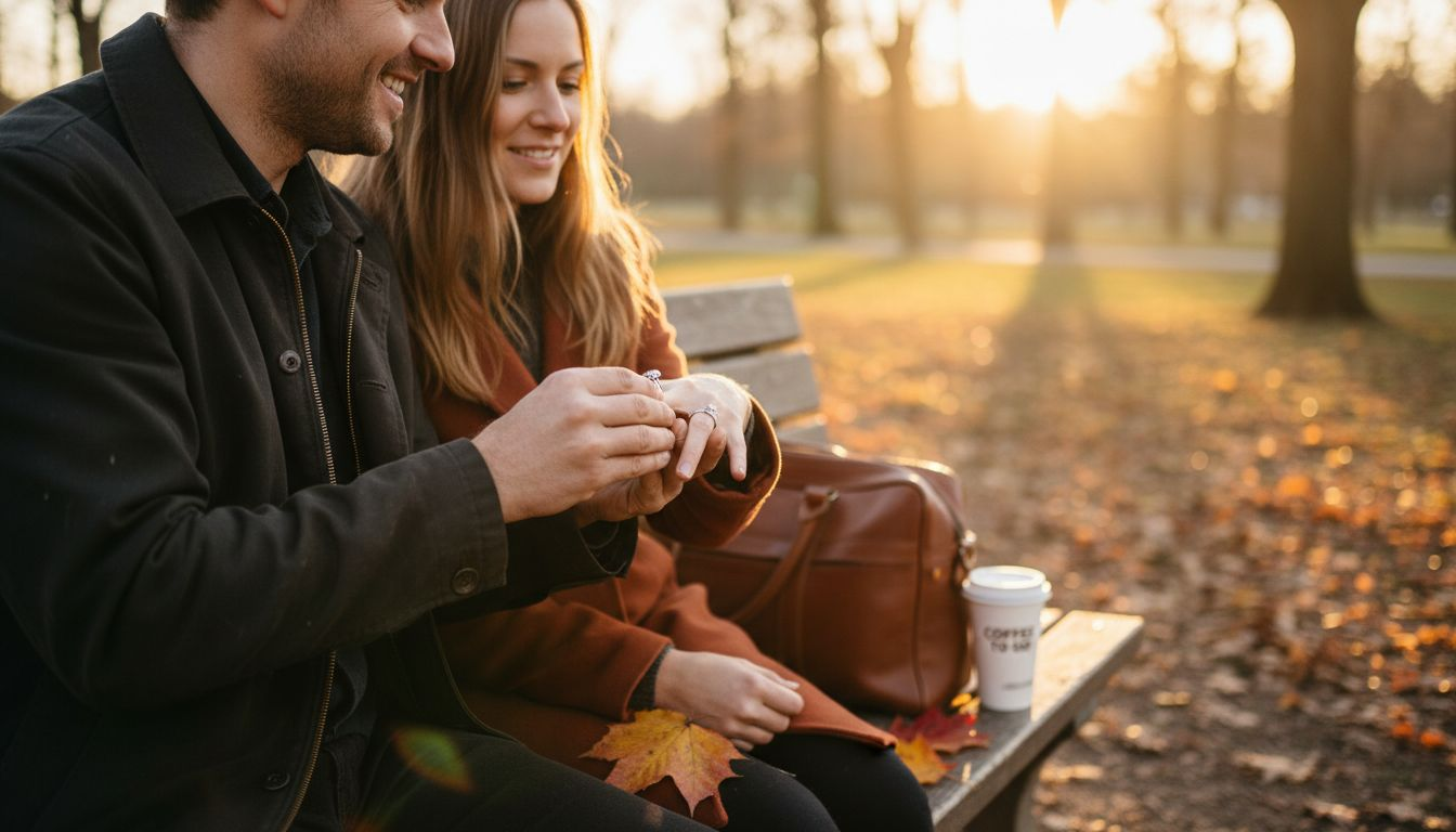 Ein Mann überreicht einer Frau auf einer Parkbank einen Ring.