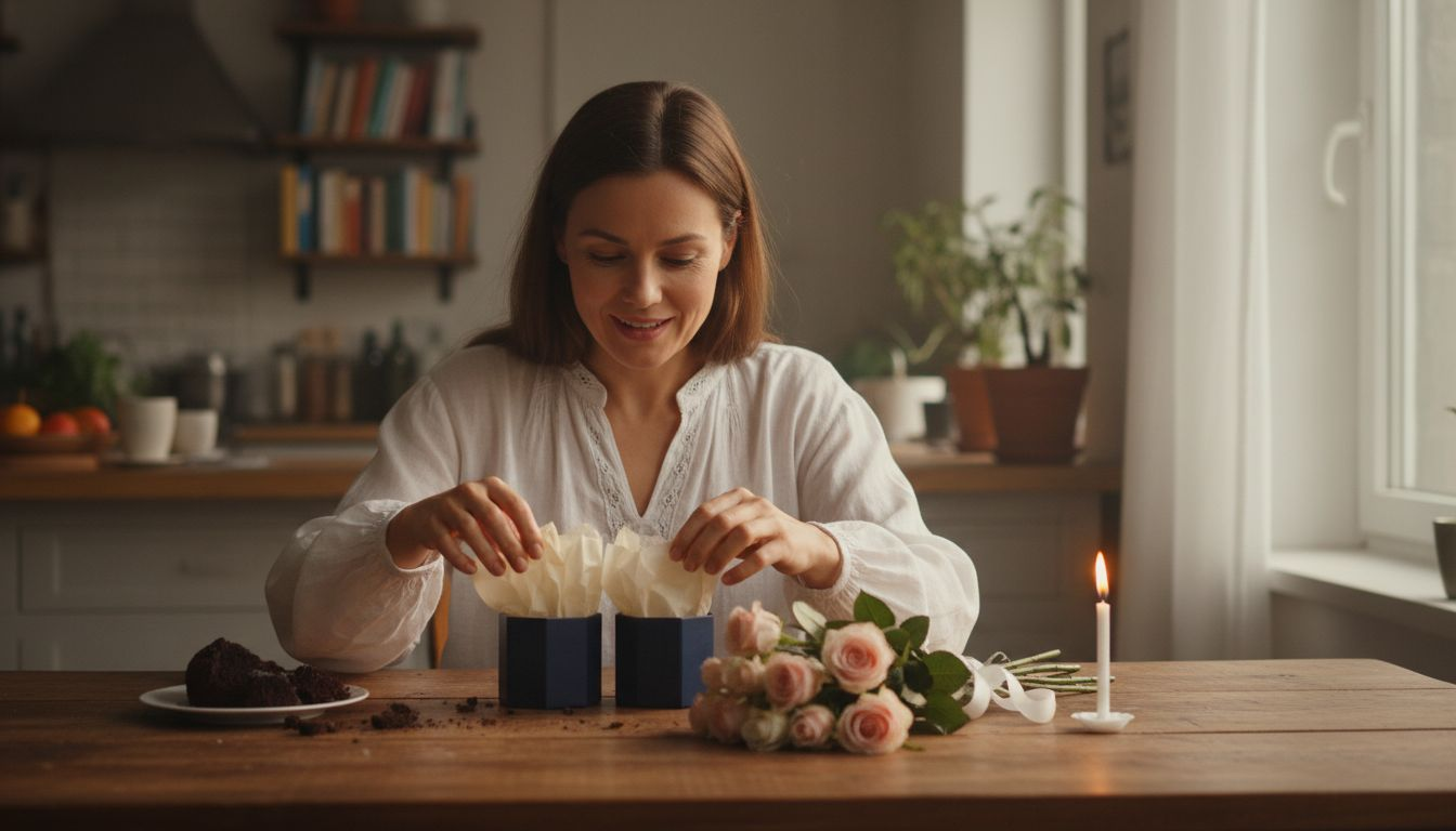 Eine Frau packt am Tisch ein Geschenkset aus.