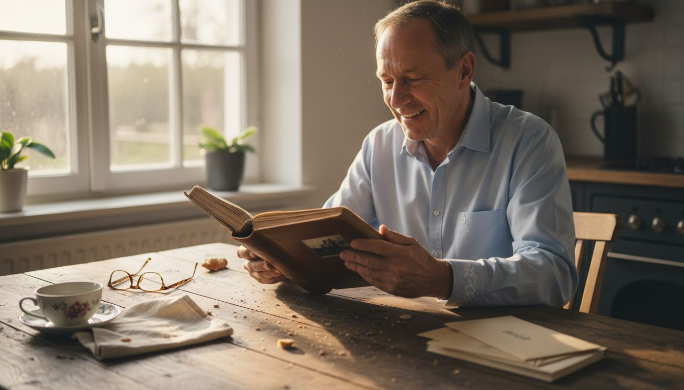 Ein Mann blättert durch sein Fotoalbum und lächelt voller Erinnerungen.