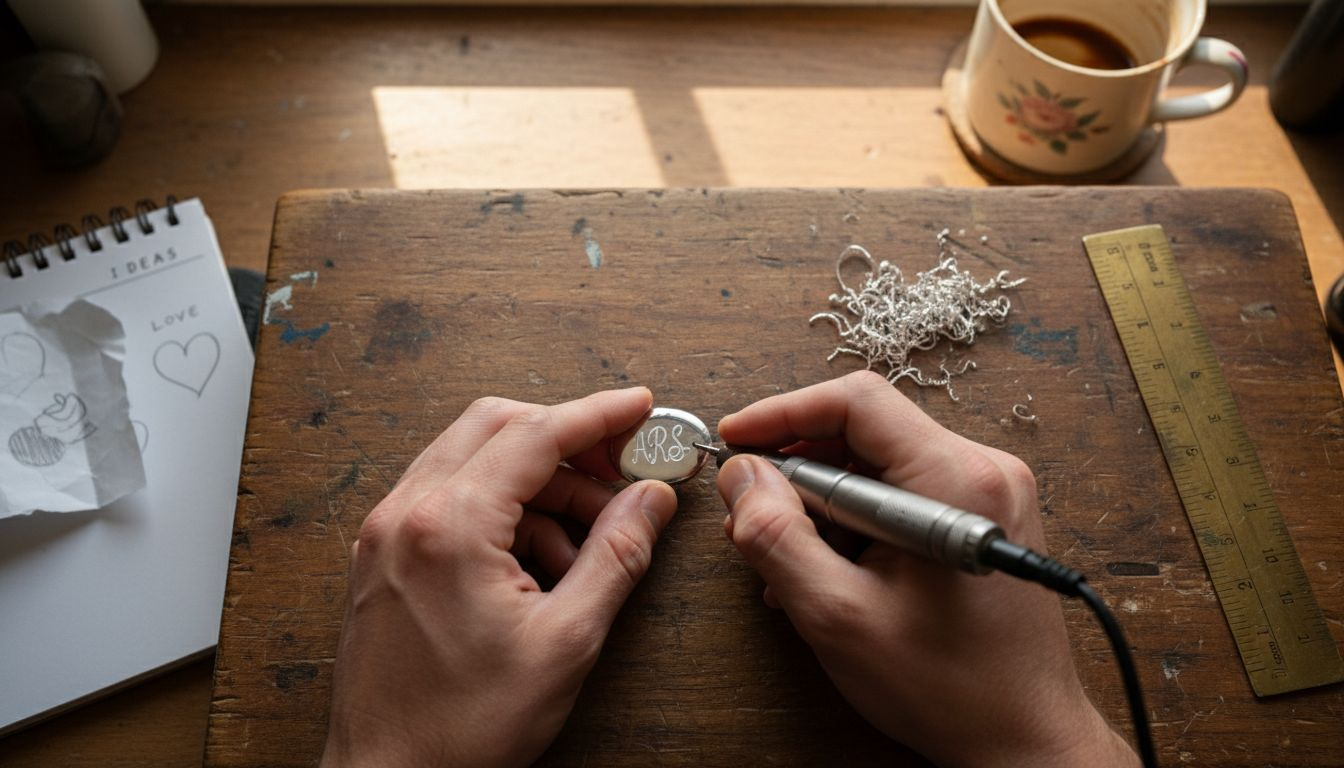Hands engraving initials on romantic locket